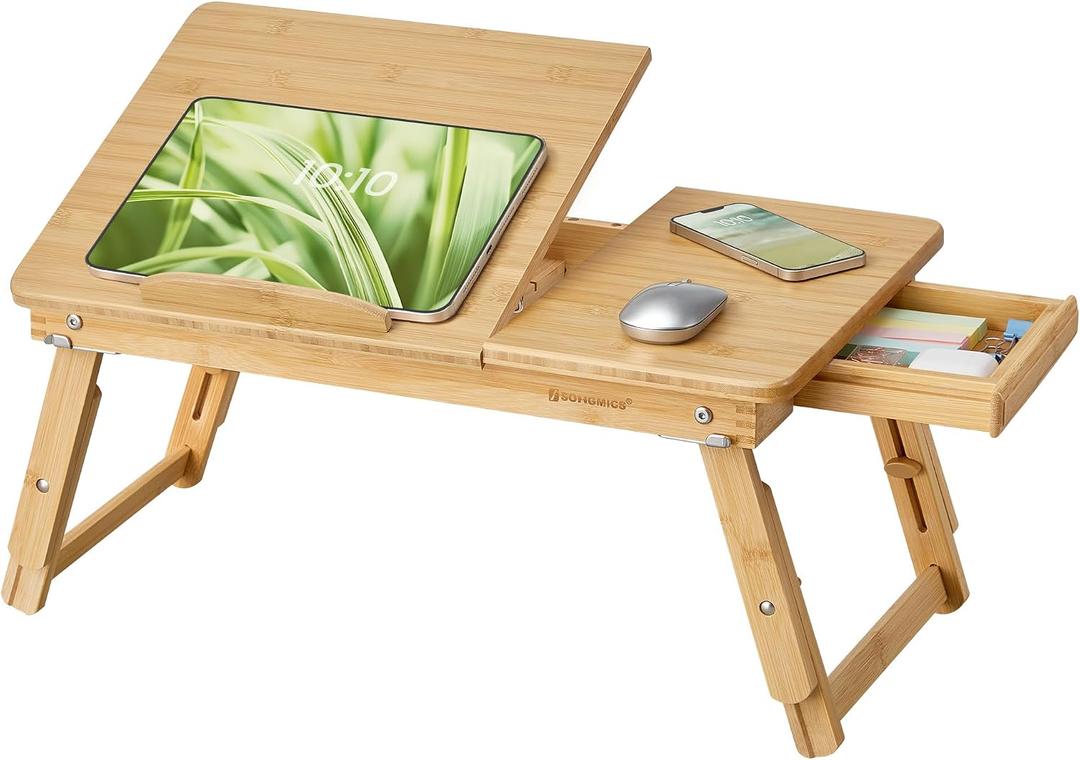 SONGMICS Bed Laptop Desk, Folding Bed Tray for Laptop up to 15.6 Inches, Adjustable Angle and Height, Portable for Working Reading Writing Breakfast, Bamboo, Drawer, Light Bamboo ULLD01N
