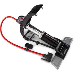 Schwinn Air Base Plus Foot Pump, Air Zone Pressure Gauge, High Pressure Foot Pump, Dual Head Nozzle Fits Both Schrader and Presta Valves, Max of 120 PSI, Black