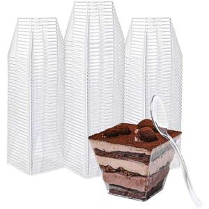 50 Pack 4oz Mini Dessert Cups with Soopns, Clear Square Dessert Bowls Small Plastic Parfait Cups Appetizer Cups for Wedding Party