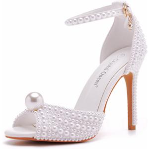 4.15 Inches White Pearls Peep Toe High Heel Sandals  Bridal Wedding Pump Shoes Bride Wedding Party Evening Dress Shoes Size 9 