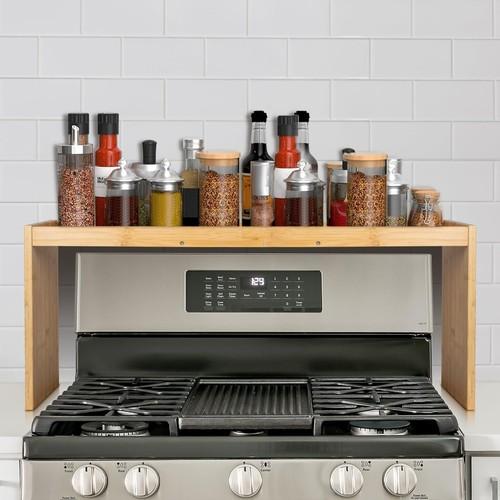 FoverOne Over the Stove Spice Rack, 33" Wide Bamboo Shelf Rack Organizer for Stove Top