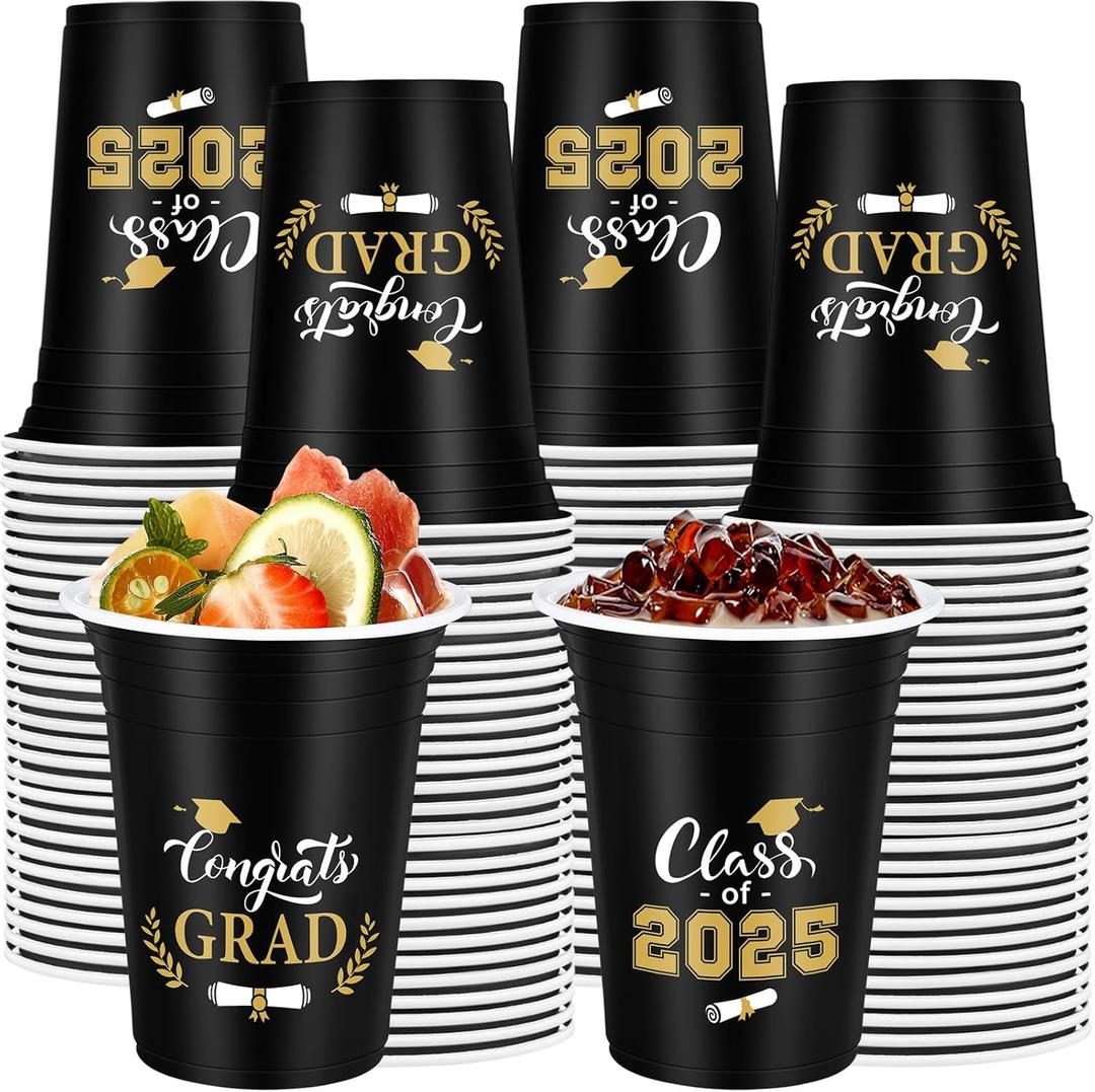 100 Pcs Graduation Cups Class of 2025 Party Plastic Cups 12 oz Graduation Decorations Congrats Grad Disposable Tableware Hot Cold Drinks for School Supplies Festive Celebration(Black)