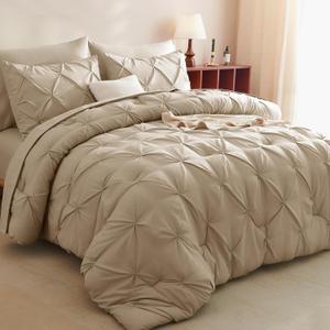 CozyLux King Size Comforter Set Taupe, 7 Pieces Pintuck Bed in A Bag Taupe Comforter King Size, Pinch Pleat Bedding Set with All Season Comforter, Sheets, Pillowcases & Shams