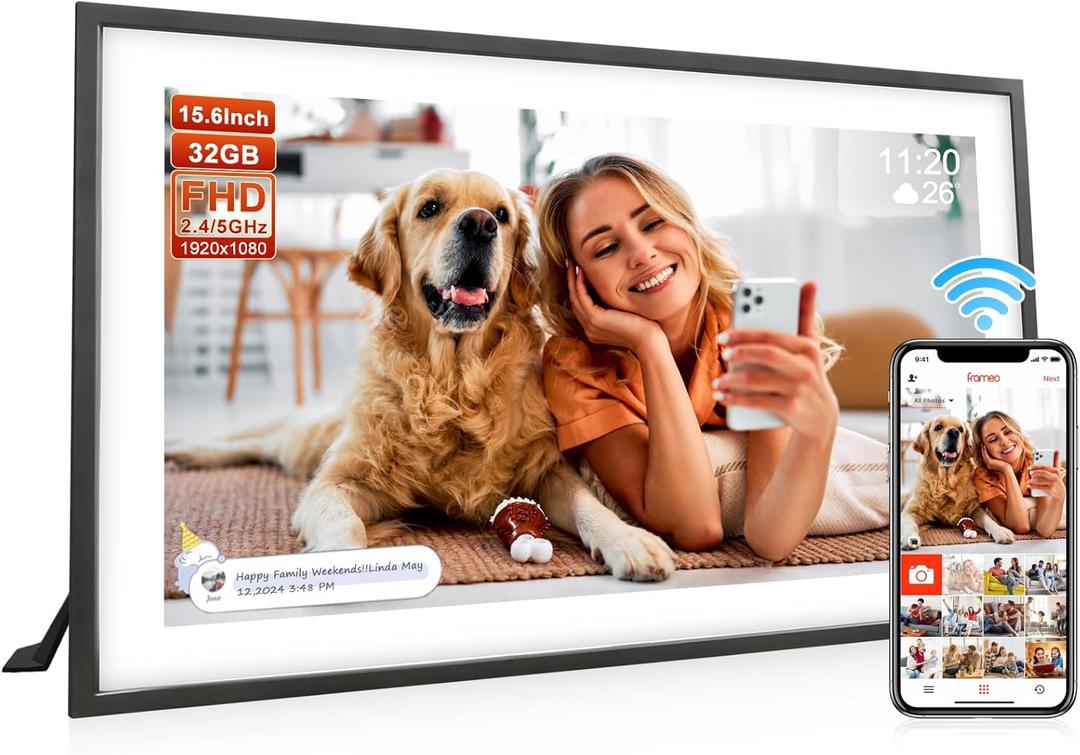 Frameo 15.6 Inch Large Digital Photo Frame, Digital Picture Frame with 32GB, 1920 * 1080 IPS HD Touch Screen, Tabletop&Wall-Mounted,Birthday,Wedding,Gifts for men/women/couples/Father/Mom/grandparents