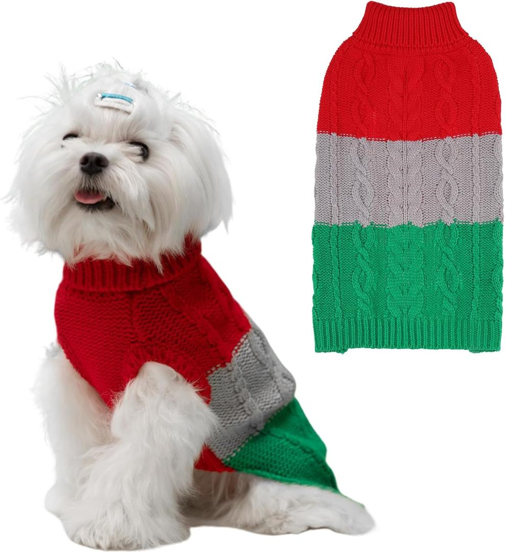 EXPAWLORER Dog Sweater - Small Dogs Fall Sweaters for Girls Boys,Classic Turtleneck Knitwear Dog Clothes for Cold Weather, Cable Knit Dogs Outfit,Coat,Pet Apparel Gift(Red&Green,M)