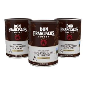 Don Francisco's Premium 100% Colombia Supremo Ground Coffee  Rich, Aromatic Medium Roast with 100% Arabica Beans, Floral Notes & Winey Flavor, 3 Recyclable 12 oz Cans