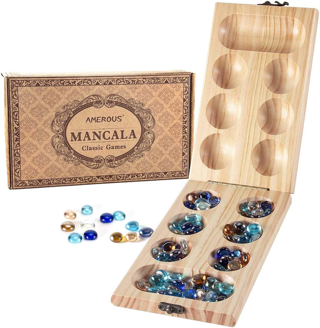 AMEROUS Wooden Mancala Board Game Set - Folding Board - Multi Color Glass Stones - Gift Package - Mancala Instructions, Portable Travel Board Game for Kids and Adults