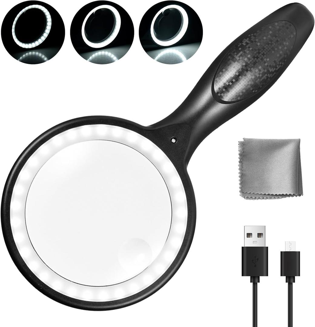 Magnifying Glass with Light | Hands-Free Illuminated Magnifier for Close Work, Reading & Hobbies | Adjustable LED Glasses with 3 Lenses (Black)