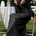 meilun Long Sleeve Sequin Dress for Women Formal Gowns Sparkly V Neck Maxi Dress (Black, XXL)