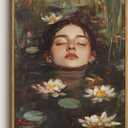 Lotus Pool Woman Framed Canvas Wall Art 16x24 inch, 16"x24" Natural