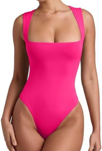 REORIA Butsmooth® Women’s Sexy Sleeveless Square Neck Double Lined Basic Bodysuit Tank Tops, Size L