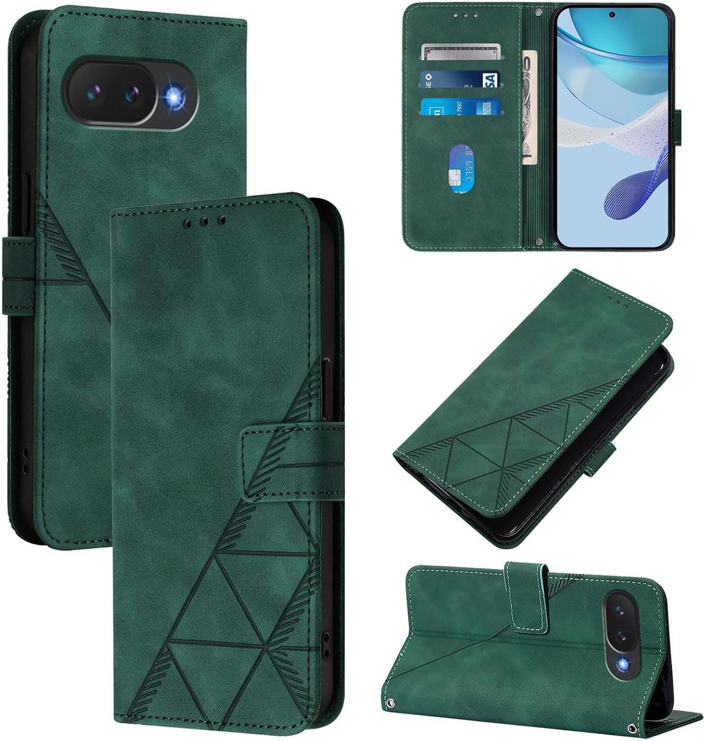 for Google Pixel 10A Leather Case, Geometric Patterns Wallet Case with 3 Card Slots, Magnetic Closure Kickstand Flip Phone Case Shockproof Cover, Dark Green