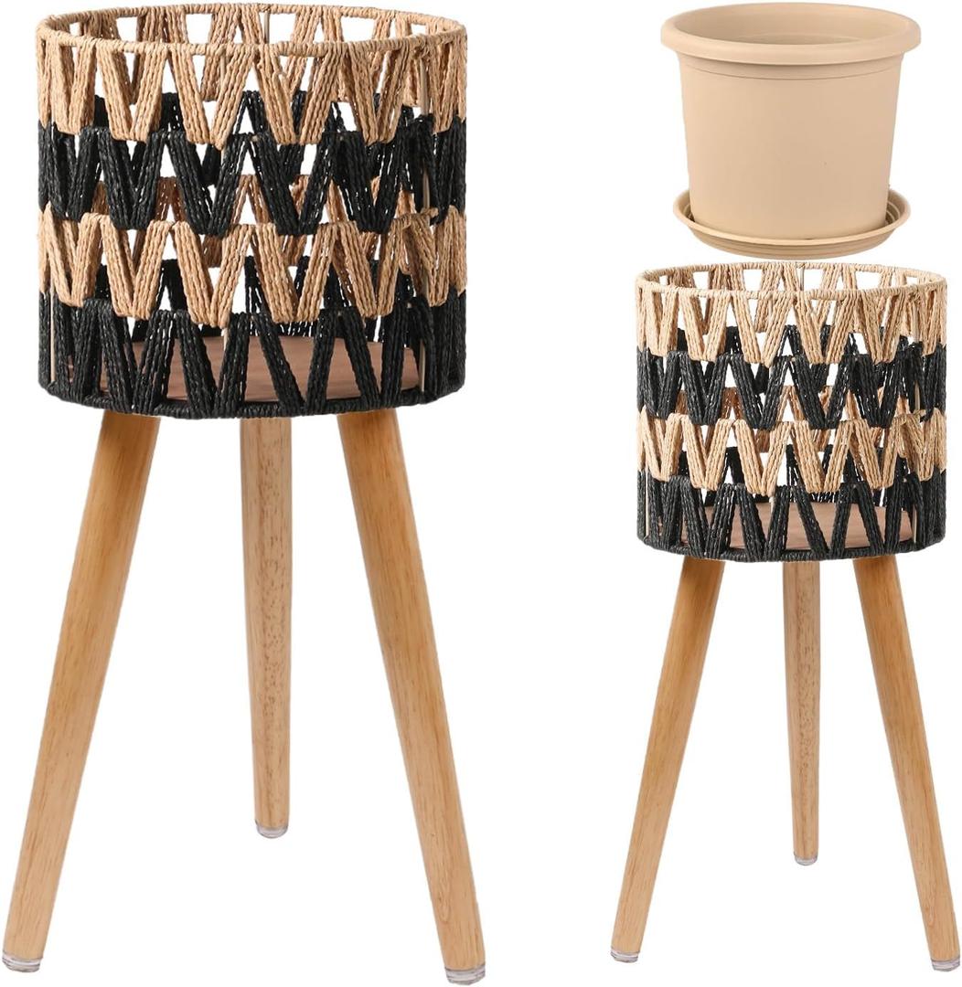 KGPLOME Single Indoor Plant Stand with Planter Pot,10 inch Bohemian Wood Planter Holder for Living Room Bedroom Decor Modern Home Decor (1, Beige Black)