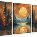 Framed Gold Mountain Forest Sunset Landscape Wall Art Set of 3, Abstract Boho Lakeside Forest Sunset Wall Decor, Vintage Nature Landscape Canvas Prints Poster for Living Room Bedroom Office 16x24 Inch