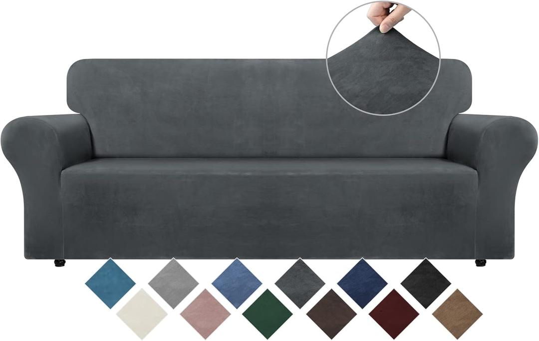 WEERRW Velvet Couch Cover for 3 Cushion Couch Covers - Stretch Sofa Slipcovers with Non Skid Foam and Elastic Bottom, Furniture Protector for Pets, Crafted from Soft Plush Fabric, Dark Grey, Large