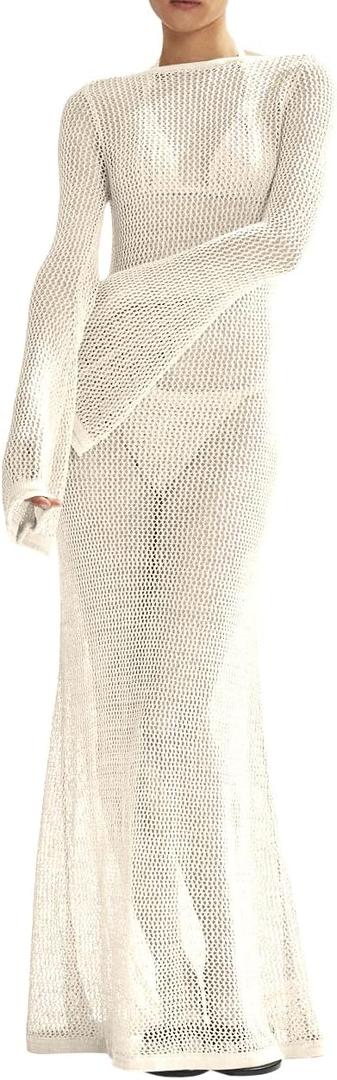 Saodimallsu Womens Crochet Cover Ups Long Sleeve Sexy Mesh Backless Knit Swimsuit Coverup Beach Maxi Dress (XX-Large, Beige)