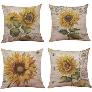 Ogrmar 4PCS 18"x18" Throw Pillow Covers Christmas Decorative Couch Pillow Cases Cotton Linen Square Cushion Cover for Sofa, Couch, Bed and Car (Sunflower)