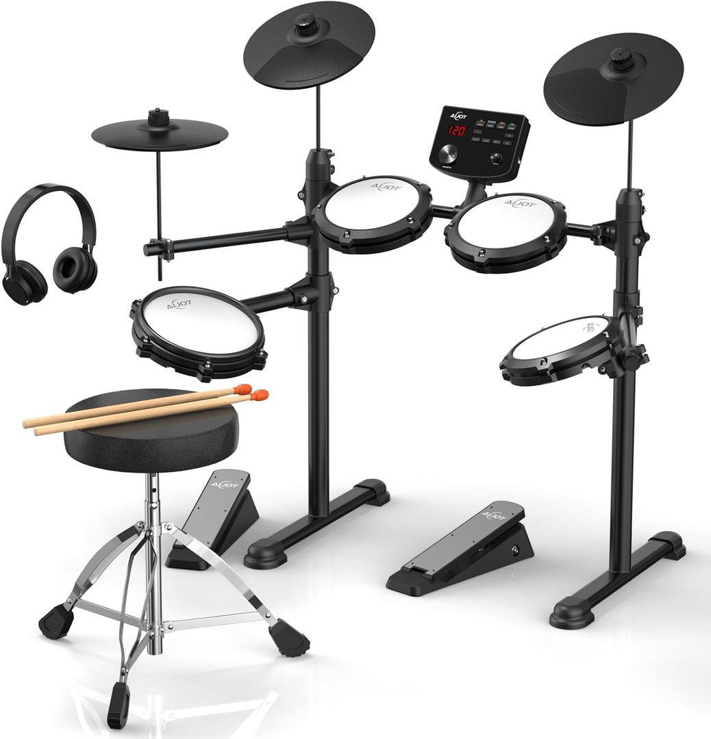 AiJoy Electronic Drum Set for Beginners with 4 Quiet Mesh Pads, 2 Cymbals w/Choke, 200+ Sounds, USB MIDI, Includes Throne, Sticks & Headphones, Perfect Kit for Kids & Gifts