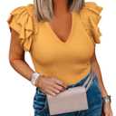 Womens Ruffle Tank Tops Summer Dressy Casual V Neck Slim Fit Ribbed Knit Sleeveless Shirts Yellow (Yellow)