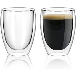 Glass Coffee Mugs Set of 2, Double Walled Clear Coffee Cups 12oz, Clear Latte Espresso Mugs for Milk Juice, Clear Glass Cappuccino Cup Glassware Gift for Christmas Birthday