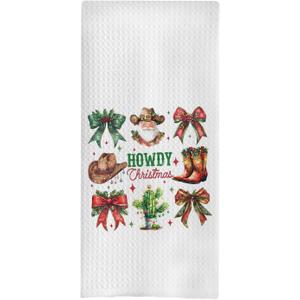 2 x Western Christmas Decor Kitchen Towels, Cowboy Christmas Decor Hand Towels for Bathroom, Coquette Red Green Bow Christmas Dish Towels for Kitchen, Western Christmas Bathroom Kitchen Decor, 16x24 Inch (Sdfg15--13)
