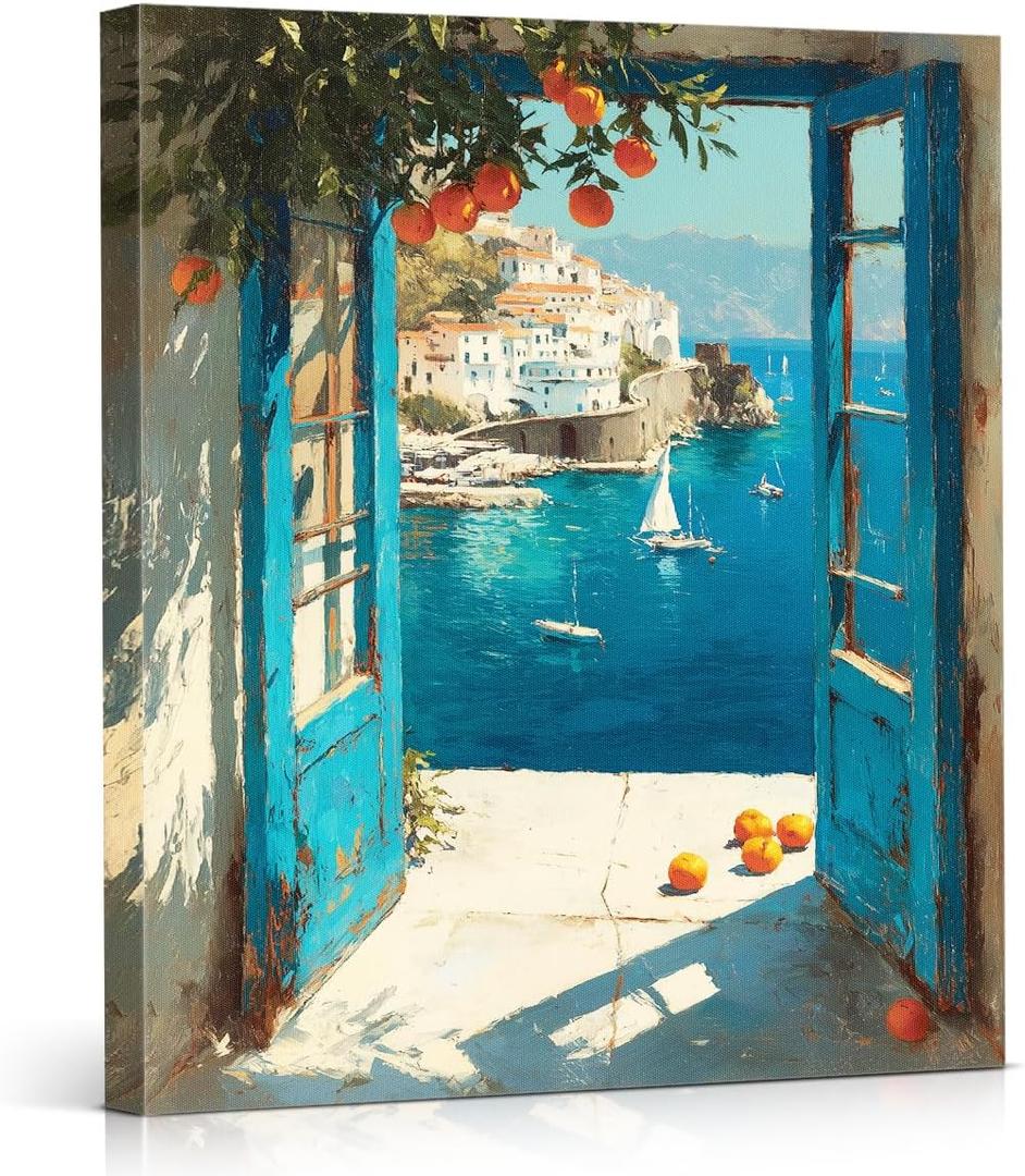 APOHBGV Vintage Open Window Coastal Blue Painting – Wall Art with Mediterranean Views for Living Room, Bedroom, Office Mediterranean Home Decor 8x10 Inch
