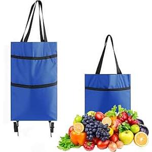 2 in 1 Foldable Shopping Cart with Wheels for Groceries, 25kg Grocery Cart on Wheels Collapsible Shopping Carts for Groceries Waterproof Oxford Travel Bag Reusable (Blue)