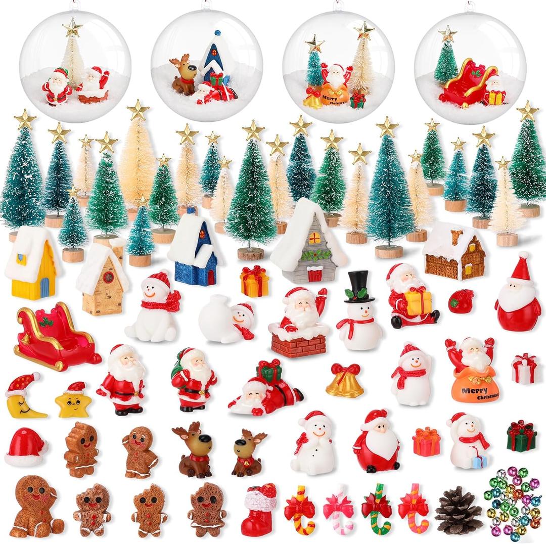 Roowest 150 Pcs Miniature Christmas Figurines for Snow Globe Kit DIY Crafts Mini Resin Ornaments with Santa Claus Stars Snowman Elk Reindeer Mini Christmas Trees Village Decorations