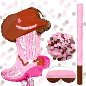 4 Pcs Cowgirl Boot Pinata Set Include 15.7 x 11.8 inches Brown Western Piata with Stick Confetti and Mask Western Birthday Party Decorations for Photo Prop Candy Holder Party Supplies(Cowgirl Boot)