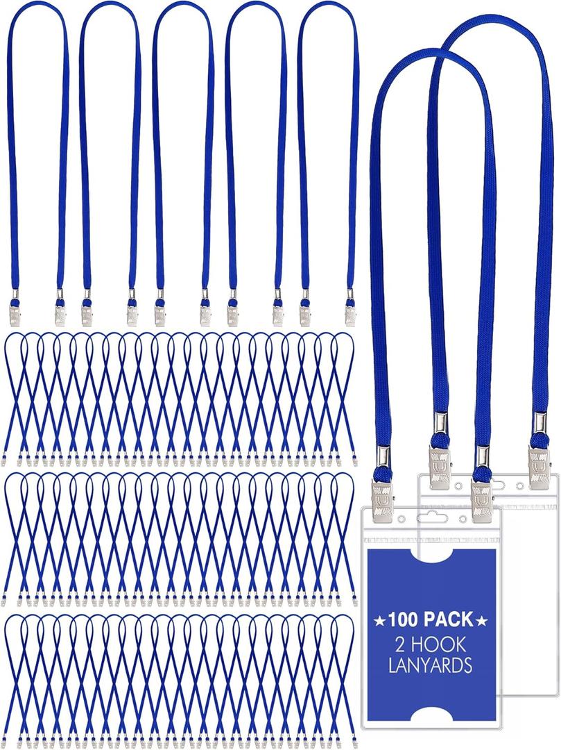 Patelai 100 Pack Double Clip Lanyards Bulk Face Mask Lanyard Twist Free 2 Hook Design Adjustable Badge Neck Strap for ID Name Badge Holder Back to School Conference Office Class Essential (Blue)