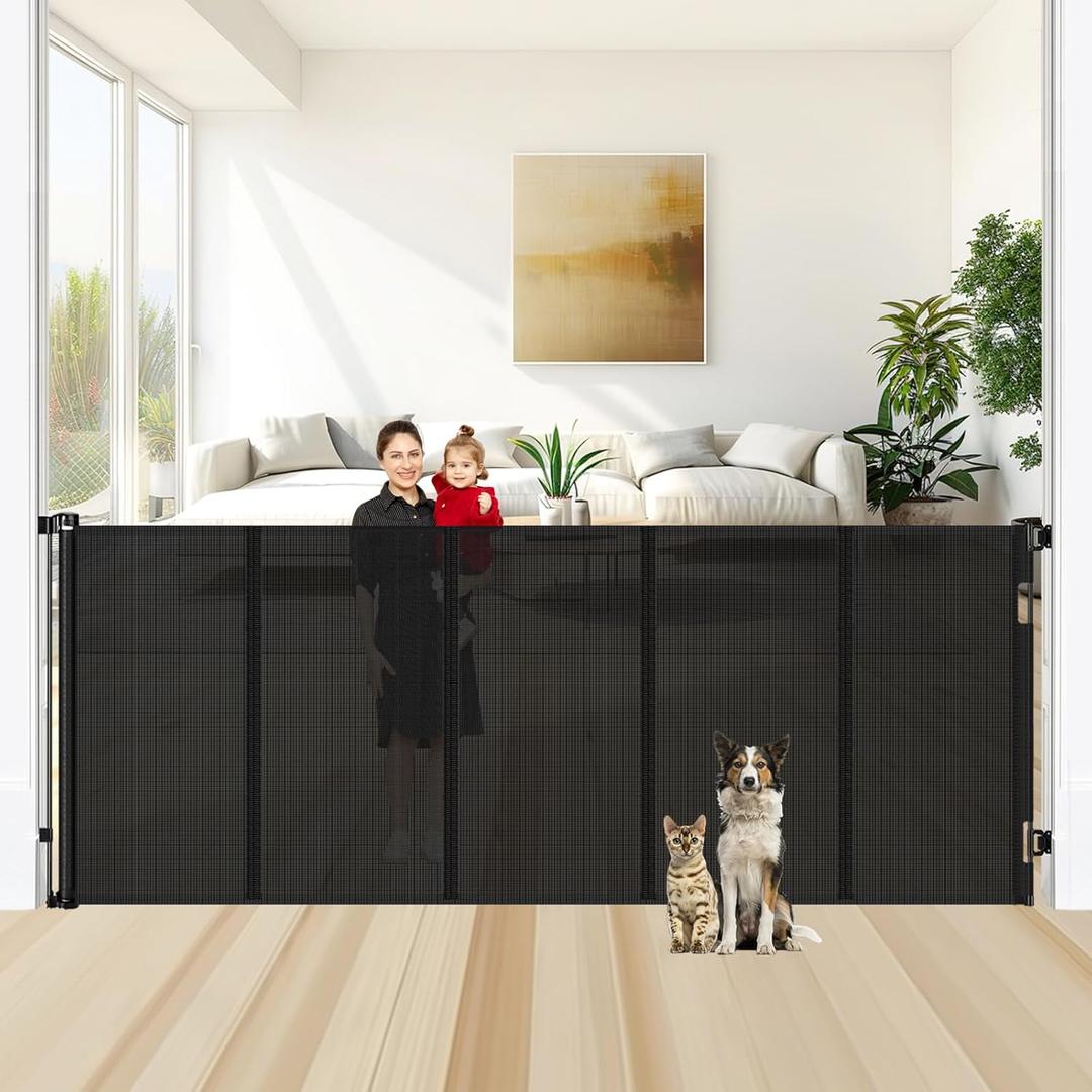 Reinforced 48" Extra Tall X 100" Extra Wide Retractable Baby Gate for Large Openings Extra Tall Dog Gates for Doorways Extra Long Baby Gate Mesh Large Dog Gate Indoor Pet Gate for Cats, Black
