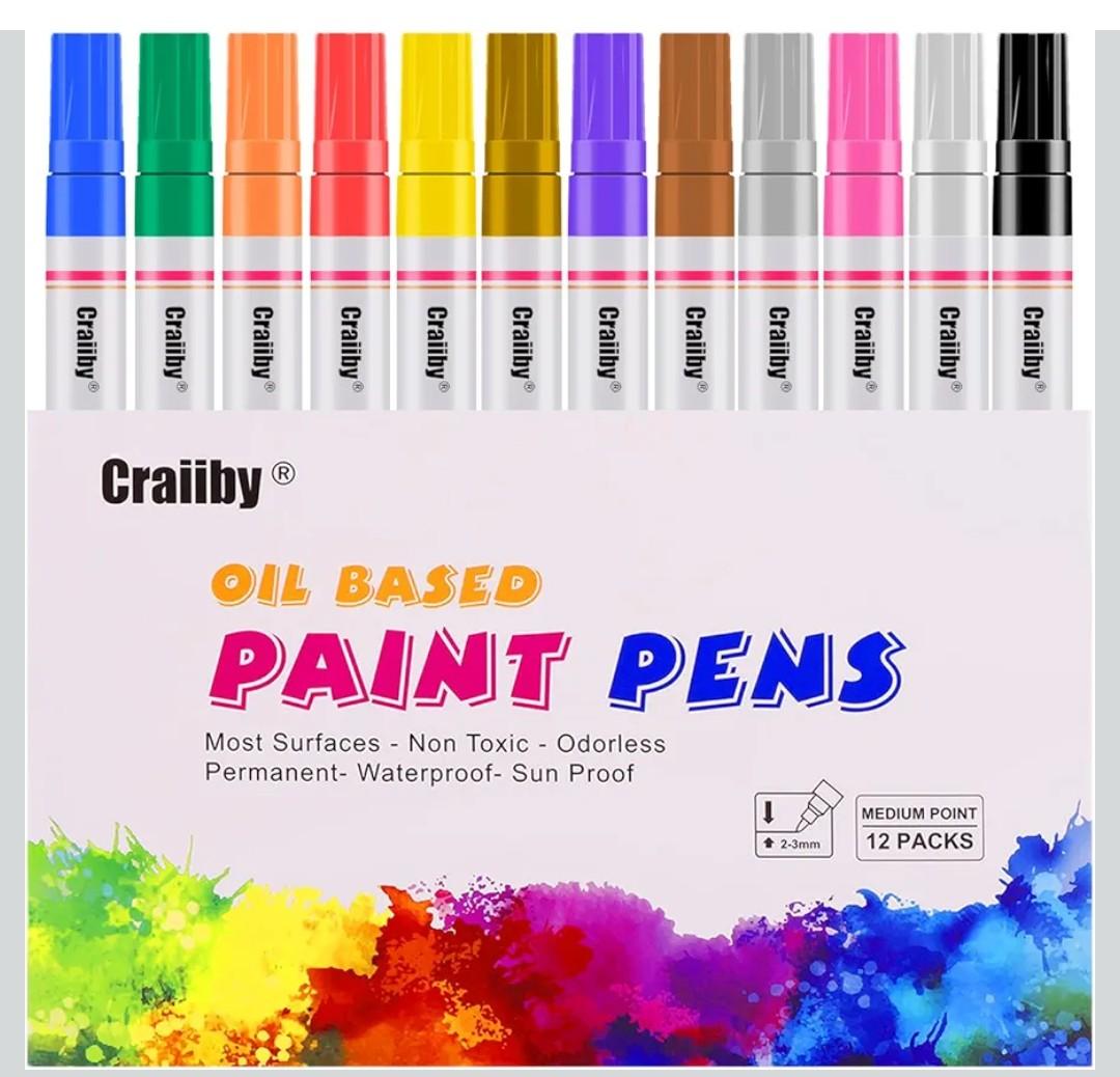 Paint Markers, 12 Pack Oil-Based Waterproof Quick Dry Permanent Paint Pen Set for Rocks Painting, Wood, Fabric, Plastic, Canvas, Glass, Mugs, Metal, Tire, Stone, DIY Craft