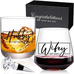 Wedding Gifts for Couples 2025,Bridal Shower Gifts, His and Hers Gift,Whiskey Wine Glasses with Diamond Wine Stopper SetAnniversary Christmas Gift for CouplesHubby and Wifey
