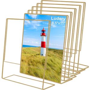 Gold Picture Frames 8.5x11, Clear Frameless Picture Frames, 6 Pack Acrylic Self Standing Photo Frames for Wedding Table Numbers, Restaurant Signs, Photos and Art Display