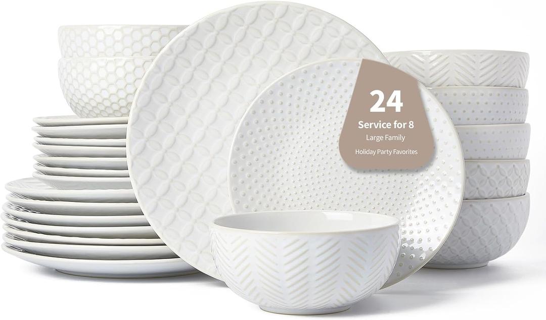 24 Piece Dinnerware Sets for 8, Premium Stoneware Plates and Bowls Sets, Microwave & Dishwasher Safe, Elegant Dishes for Entertaining & Special Occasions A Stunning Gift for Large Families