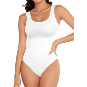 YOGINGO Women's Scoop Neck Sleeveless Bodysuits Backless Tank Top Body Suits for Womens Sexy Bodysuit Tops Leotards (White)