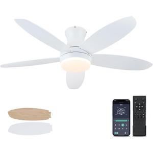48 Inch Ceiling Fan with Light, White Flush Mount Ceiling Fan with Remote and APP Control, Dimmable and 6 Wind Speed, Modern Low Profile Fan Light for Bedroom, Covered Outdoor