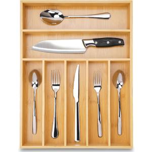 Bamboo Kitchen DrawerOrganizer, 13 Inch Silverware Organizer with Extra-deep Grooved Divider, 7 Slots Pure Bamboo Wood Caddy for Flatware Cutlery Knives, Forks, Spoons