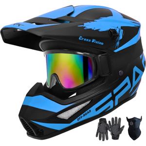 Motocross Helmet,Youth Adult ATV Dirt Bike Motorcycle Helmet,BMX 4-Wheeler Off-Road Mountain Bike Helmet,DOT Certified,W/Gloves Goggles Mask 4-Piece Set (X Blue, Small)
