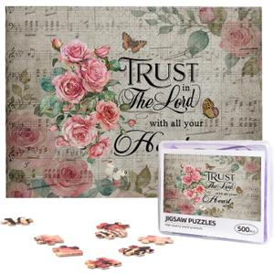 Christian Jigsaw Puzzles 500 Pieces for Adults, Trust in The Lord Bible Quote with Roses & Sheet Music, Religious Wooden Puzzle for Stress Relief, Faith-Based Gift & Wall Decor (Black Pink)
