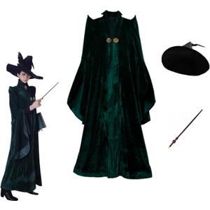 Women Professor Witch Cosplay Costume Halloween Wizard Cloak with Hat Wand Robe Coat