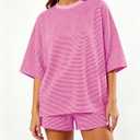 MSBESYOR Women 2 Piece Striped Lounge Set Short Sleeve Pajamas Shorts Sets Large, Pink 