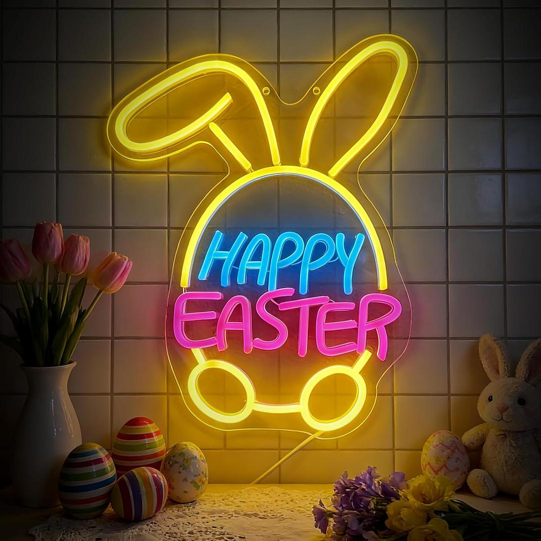 Easter Decorations LED Neon Sign - Happy Easter&Rabbit&Egg Window Lights,USB Power Neon Lamp Home Party Indoor Outdoor Wall Bunny Decor,Light Up Sign for Bedroom,Easter Birthday Party Decorations