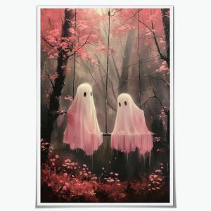 Medpol Cute Couple Ghosts On Swing Wall Art Pink Ghosts Autumn Forest Prints Retro Dark Ghost Halloween Poster Halloween Wall Decor Unframed16x24inch