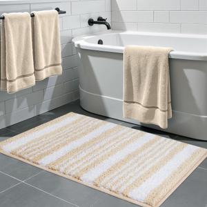Small Bathroom Rugs Non-Slip Bath Mats Fluffy Microfiber Striped Shaggy Bath Mats for Bathroom Floor, Tub, Quick Dry, Beige, 16"x24", Machine Washable Shower Rug