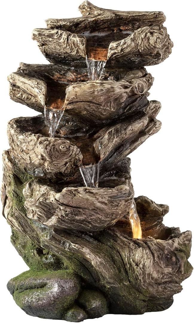 Alpine Corporation WIN1180 11" Indoor Tabletop Waterfall Fountain with LED Lights, 5 Tier Rainforest Garden Fountain, Brown