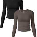 OQQ Womens 2 Piece Shirts Long Sleeve Crew Neck Ruched Stretch Basic Fitted Tee Shirts Tops Medium