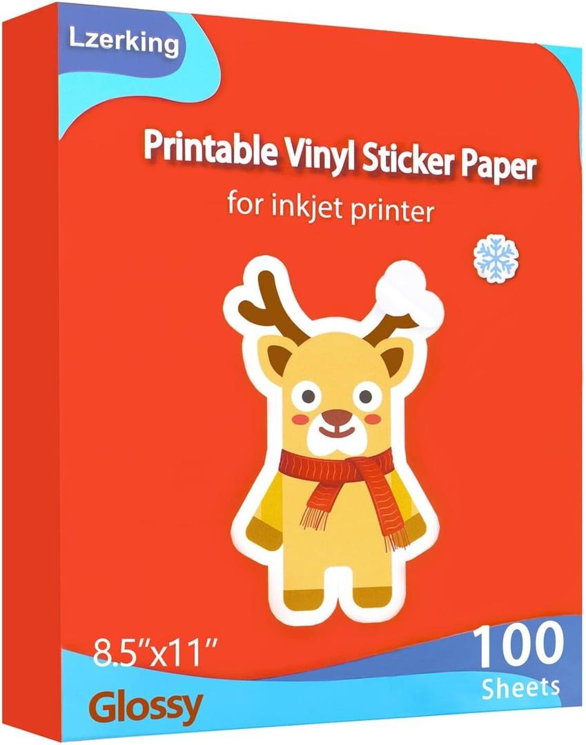 Lzerking Glossy Printable Vinyl Sticker Paper for Printer - 100 Sheets White Quick-Drying Waterproof, for Inkjet & Laser Printers, Compatible with Cricut for Small Business DIY Crafts 8.5x11in