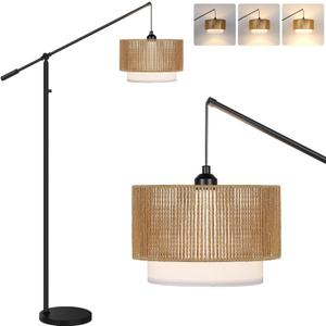 UpgradedArc Floor Lamp for Living Room, Boho Dimmable Swing Arm Floor Lamp with Rattan & Fabric Shades, Black Rattan Standing Lamp with 11W Bulb, Farmhouse Adjustable Tall Lamp for Bedroom Office
