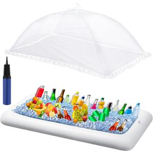 Leitee 3 Pcs Inflatable Serving Bar Kit Includes Salad Buffet Tray with Drain Plug Mesh Food Cover Food Drink Containers and Inflator for Ice Supplies Halloween Party Camping Picnic(White)